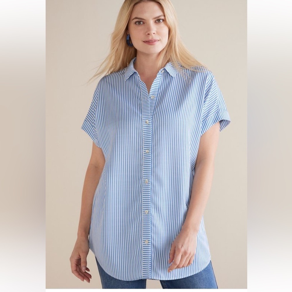 Soft‎ Surroundings Je Veux Blue Vintage Stripe Button Down Coastal Relaxed